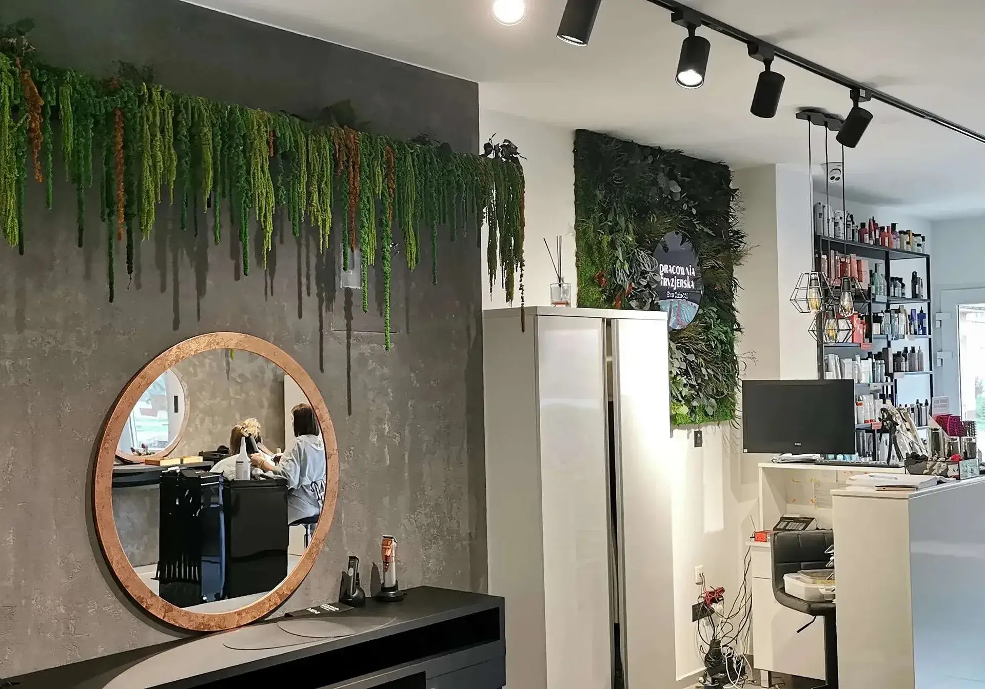 Naturalna dekoracja z amarantusów stabilizowanych pod sufitem w pracowni fryzjerskiej