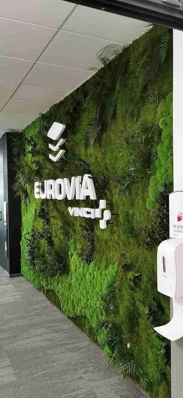 Zielona ściana w biurze z mchu stabilizowanego – recepcja firmy z logo